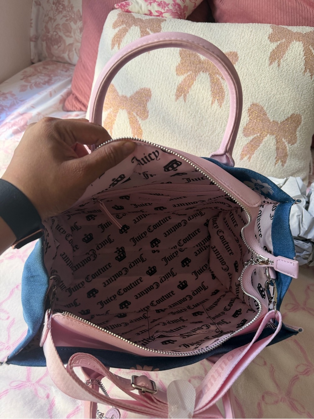 Juicy Couture Blue Canvas Floral Tote with Pink Trim - Picture 9 of 11